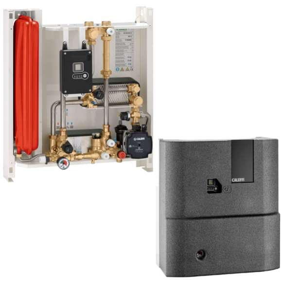 Caleffi heat interface unit shown with internals exposed and with the insulated outer cover fitted.