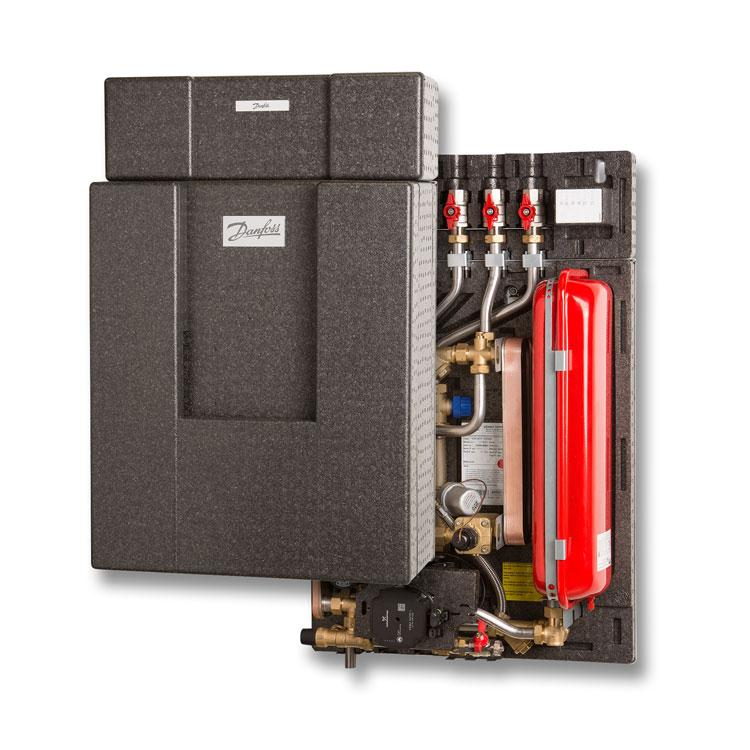 Danfoss heat interface unit with insulated casing opened to show the red expansion vessel, heat exchanger and circulation pump.