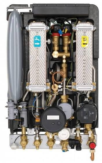 Internal components of a Danfoss heat interface unit, including dual plate heat exchangers, expansion vessel, pump and controls.
