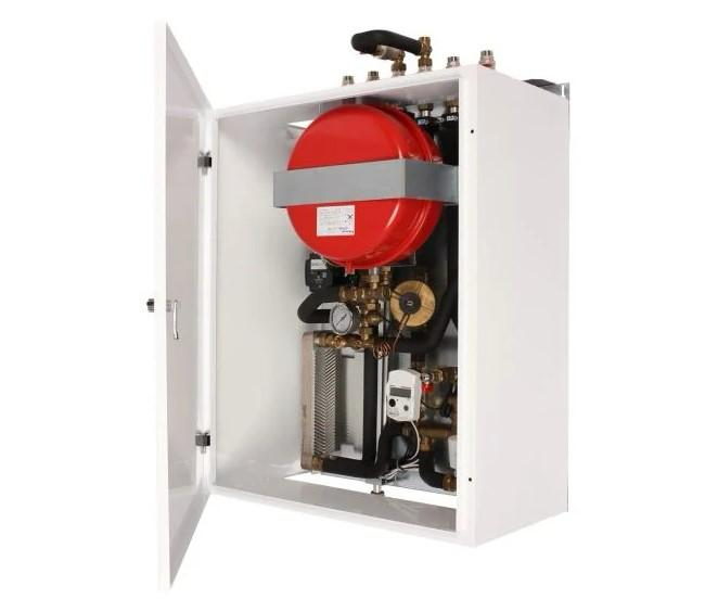 Wall-mounted heat interface unit with the cabinet open, showing a red expansion vessel, plate heat exchanger and brass pipework.