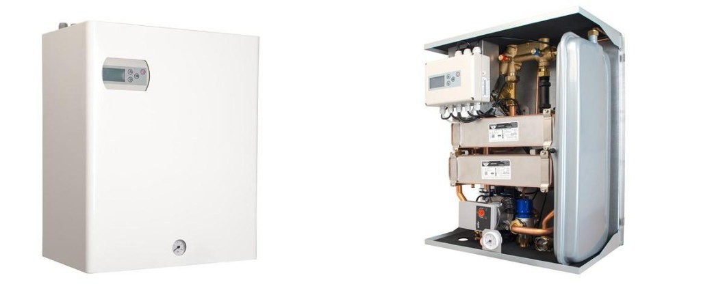 Heat interface unit shown with the white outer casing on and with the cover removed to reveal plate heat exchangers and circulation pump.
