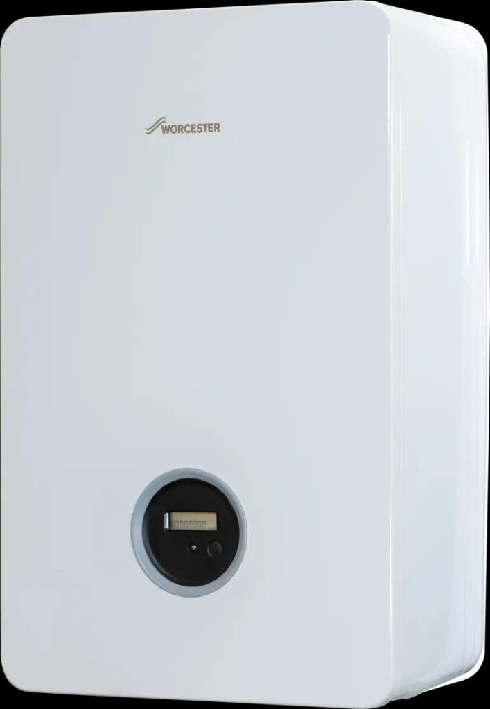 White Worcester Bosch heat interface unit with digital display, shown with the front casing fitted.
