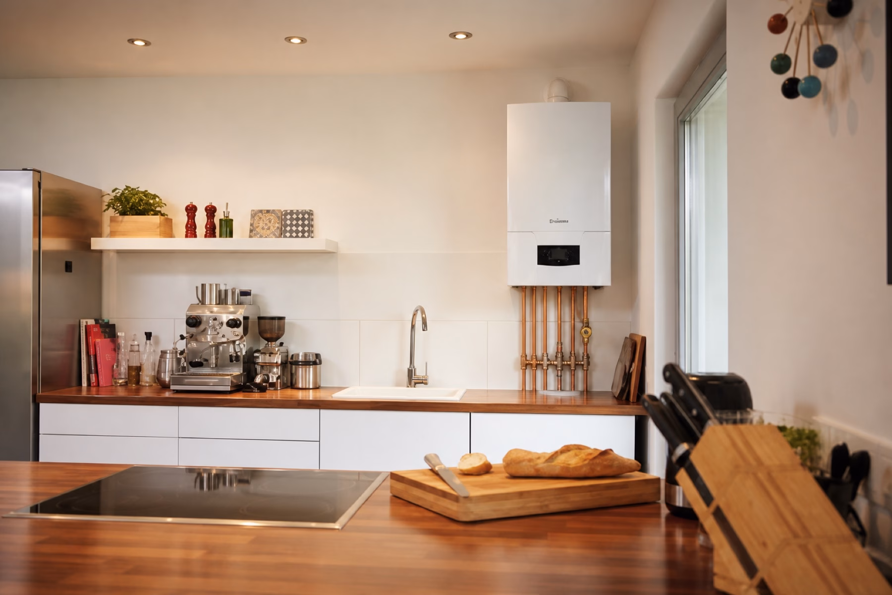 Newly installed Vaillant ecoTEC Plus boiler on a kitchen wall with copper pipework in an Ascot family home